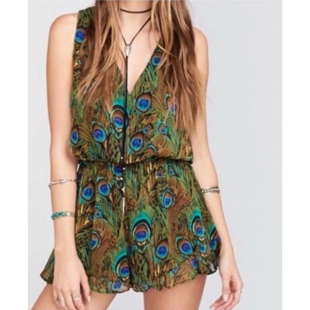 Show Me Your Mumu Riri Romper Womens XS Peacock Feather Print V-Neck MM5-75 OP18